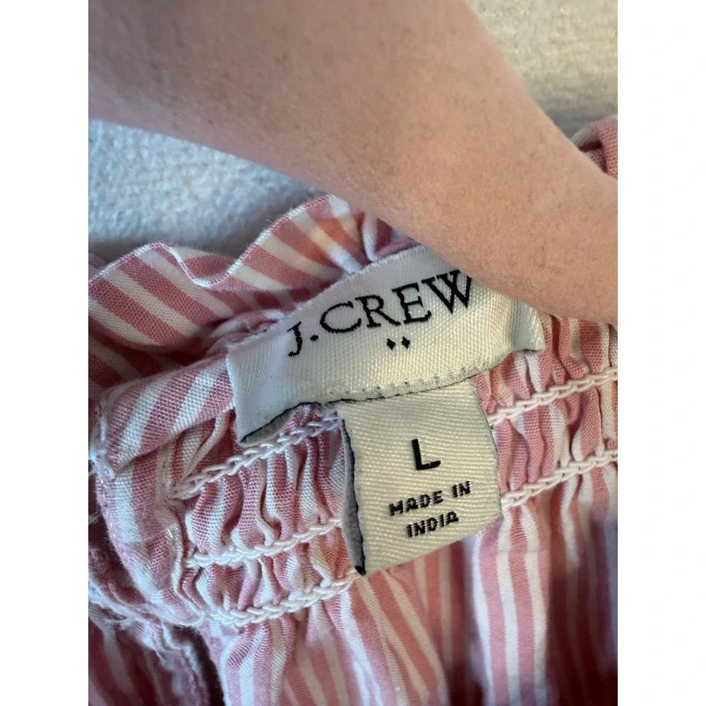 J. Crew Pink White Striped Smocked Ruffle Neck Blouse Top Large